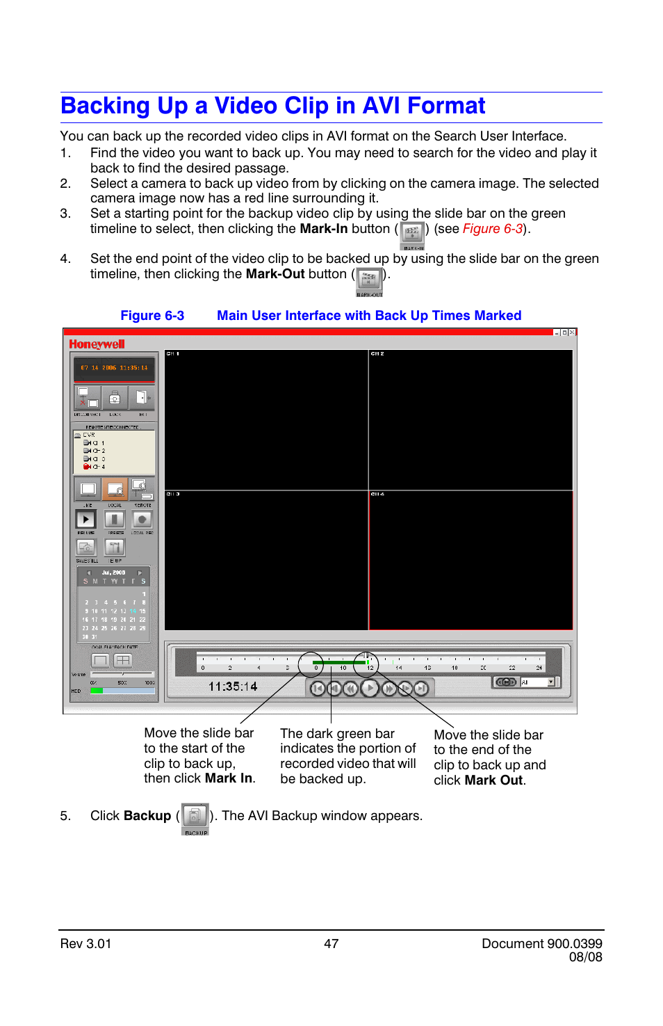 Backing up a video clip in avi format, Main user interface with back up times marked | Honeywell HRDE4X4 User Manual | Page 57 / 80
