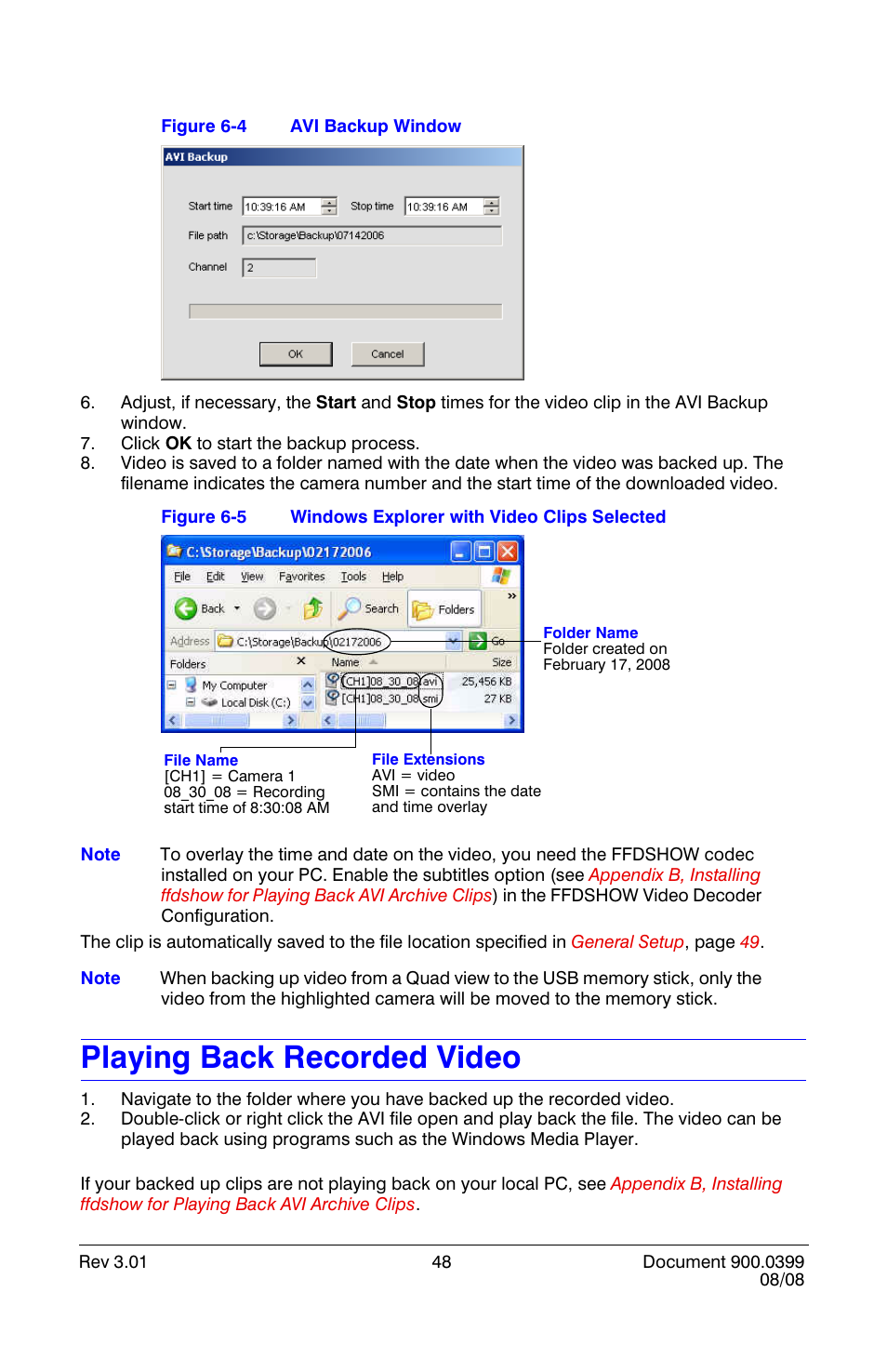 Playing back recorded video, Avi backup window, Windows explorer with video clips selected | Honeywell HRDE4X4 User Manual | Page 58 / 80