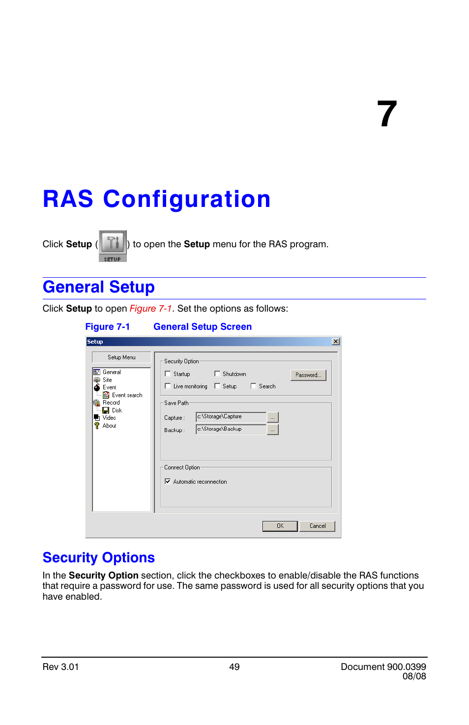 Ras configuration 7, General setup, Security options | Ras configuration, General setup screen, Chapter 7, ras configuration, Ified in | Honeywell HRDE4X4 User Manual | Page 59 / 80