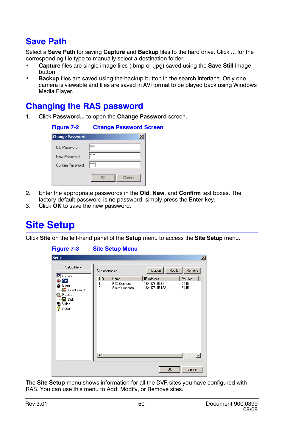 Save path, Changing the ras password, Site setup | Save path changing the ras password, Change password screen, Site setup menu | Honeywell HRDE4X4 User Manual | Page 60 / 80