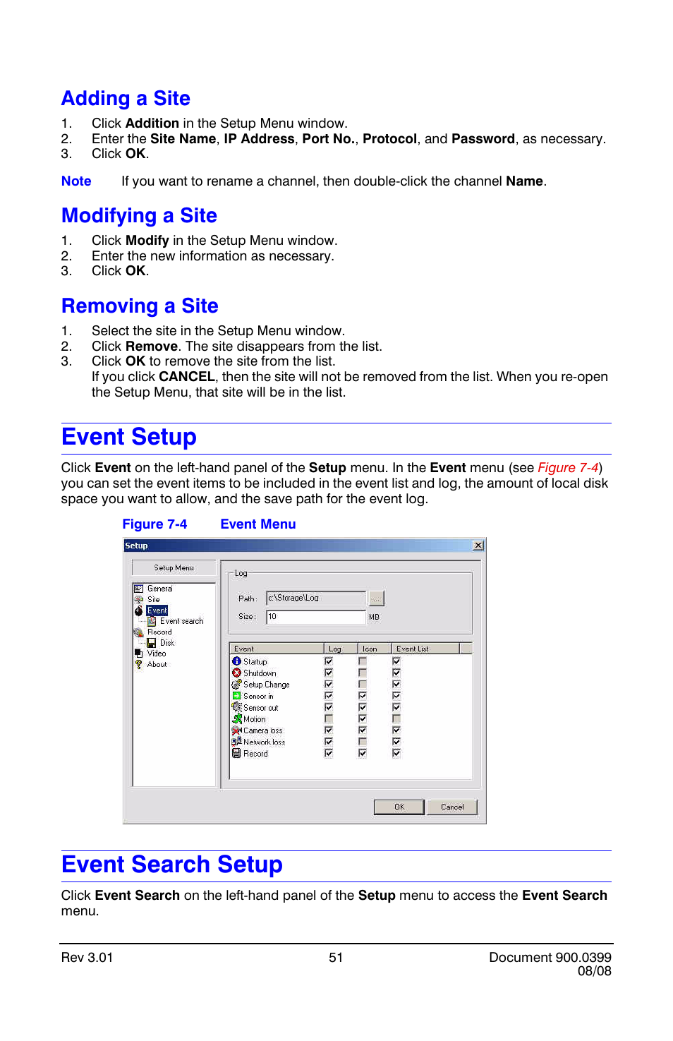 Adding a site, Modifying a site, Removing a site | Event setup, Event search setup, Adding a site modifying a site removing a site, Event setup event search setup, Event menu | Honeywell HRDE4X4 User Manual | Page 61 / 80