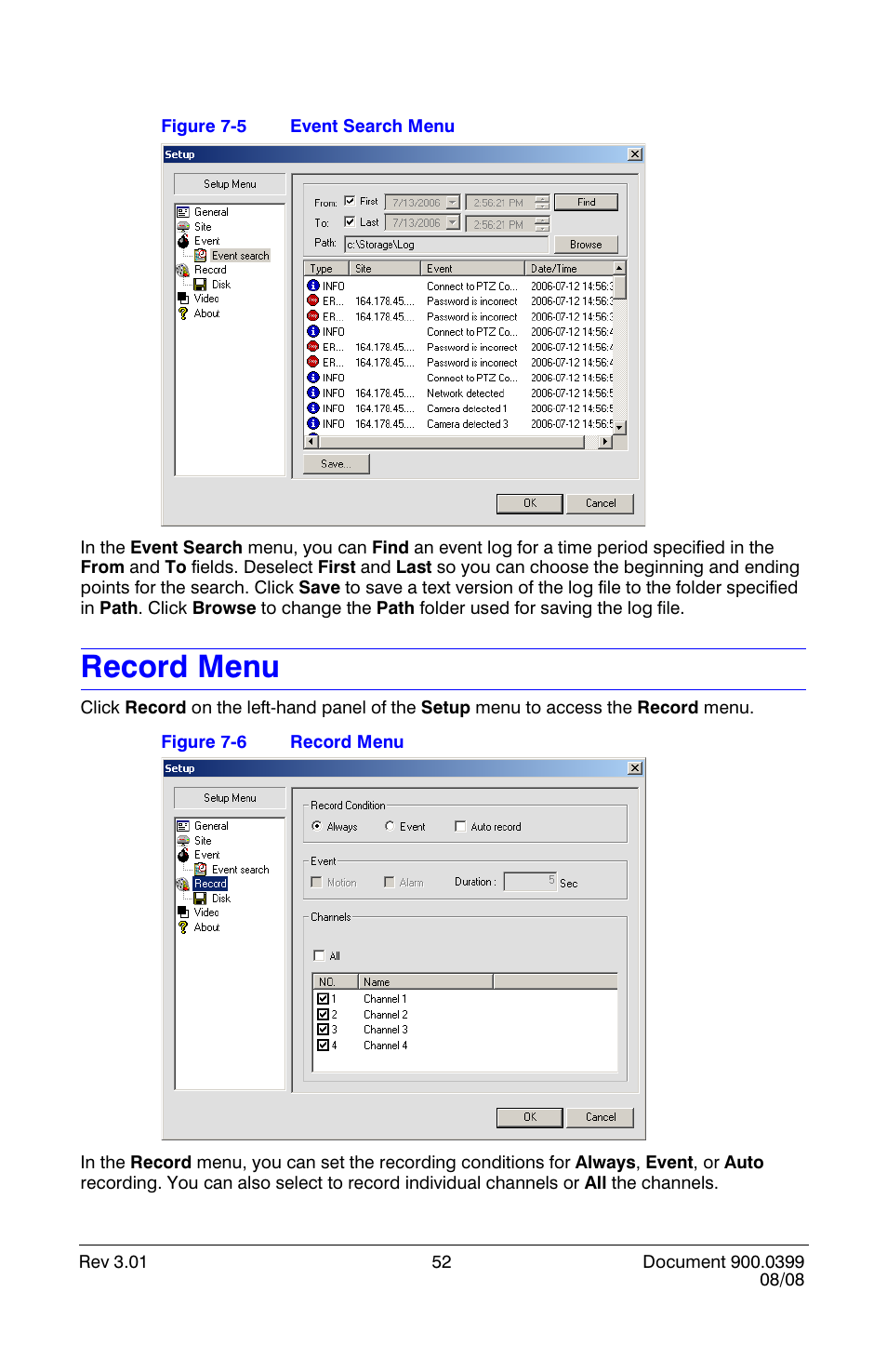 Record menu, Event search menu | Honeywell HRDE4X4 User Manual | Page 62 / 80