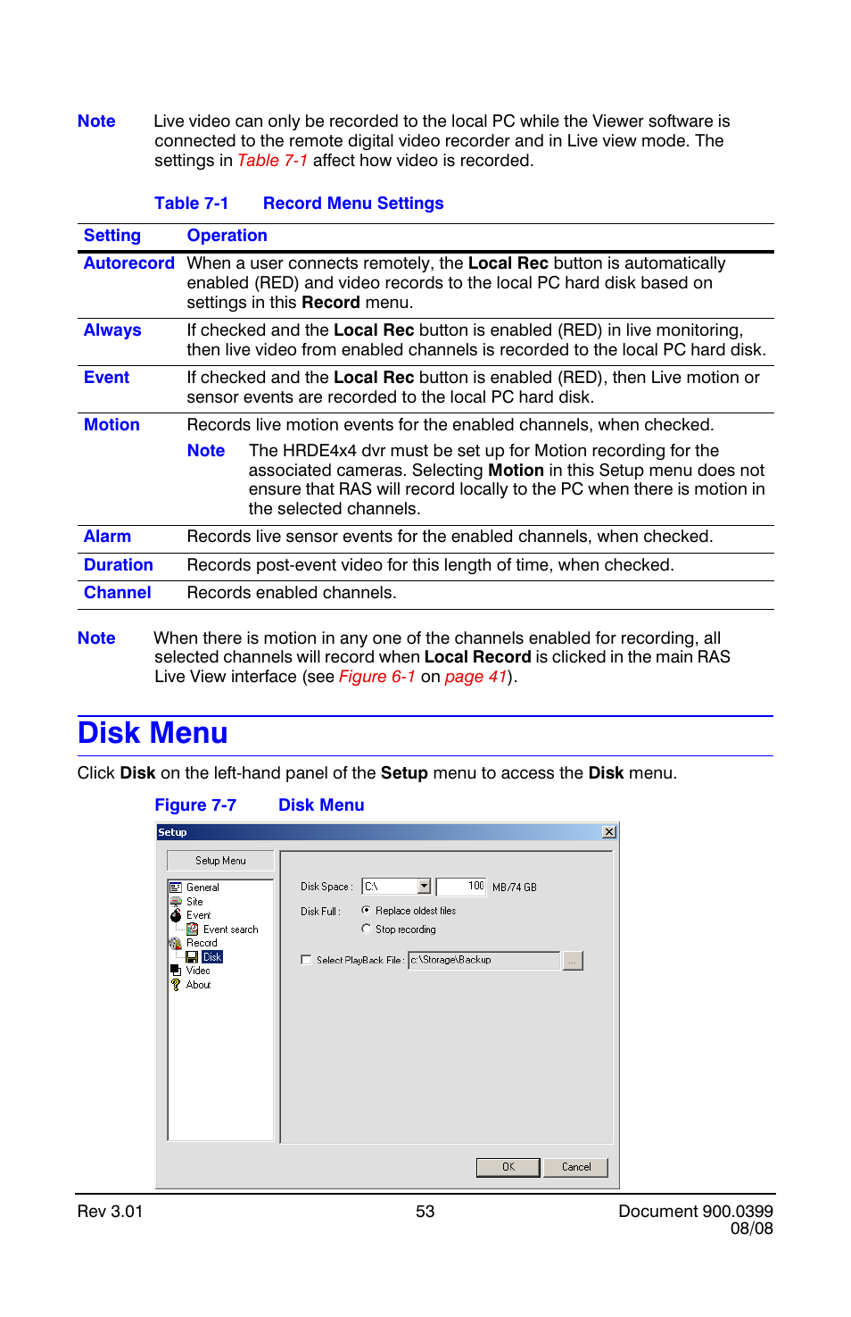 Disk menu, Record menu settings | Honeywell HRDE4X4 User Manual | Page 63 / 80