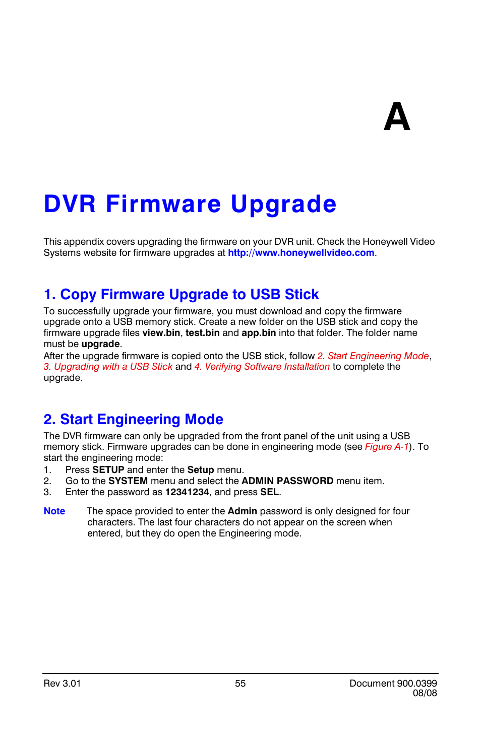 Dvr firmware upgrade a, Copy firmware upgrade to usb stick, Start engineering mode | Appendix a, Dvr firmware upgrade | Honeywell HRDE4X4 User Manual | Page 65 / 80