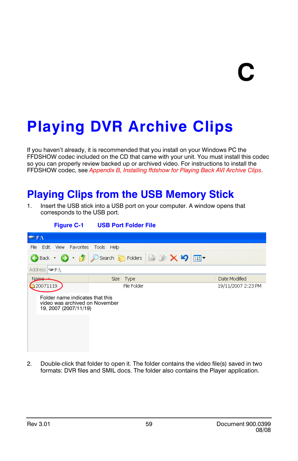 Playing dvr archive clips c, Playing clips from the usb memory stick, Appendix c | Playing dvr archive clips, Usb port folder file | Honeywell HRDE4X4 User Manual | Page 69 / 80