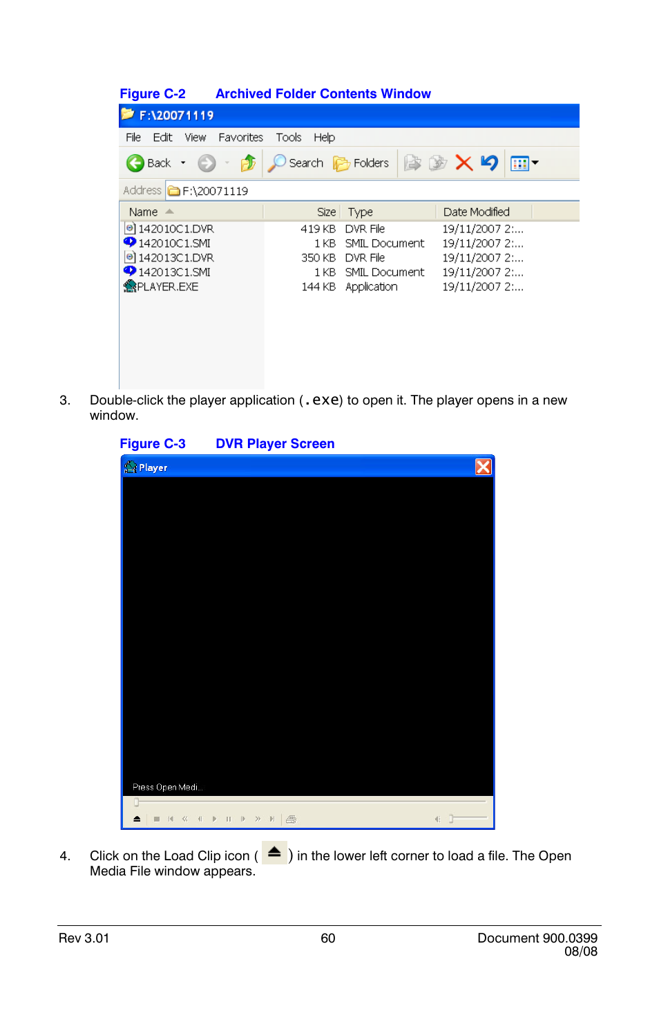 Archived folder contents window, Dvr player screen | Honeywell HRDE4X4 User Manual | Page 70 / 80