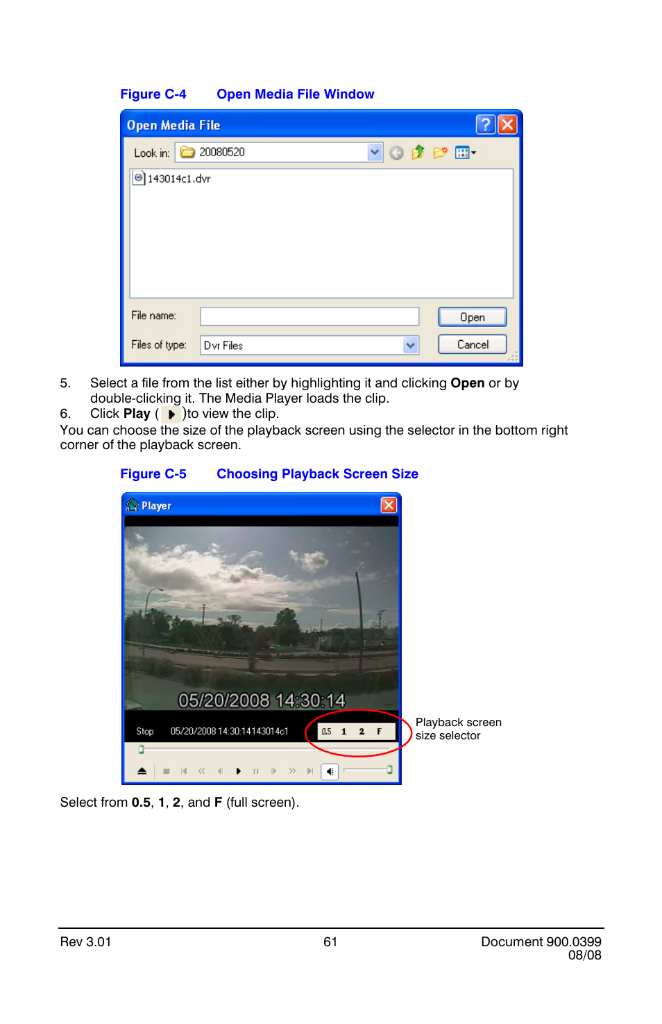 Open media file window, Choosing playback screen size | Honeywell HRDE4X4 User Manual | Page 71 / 80