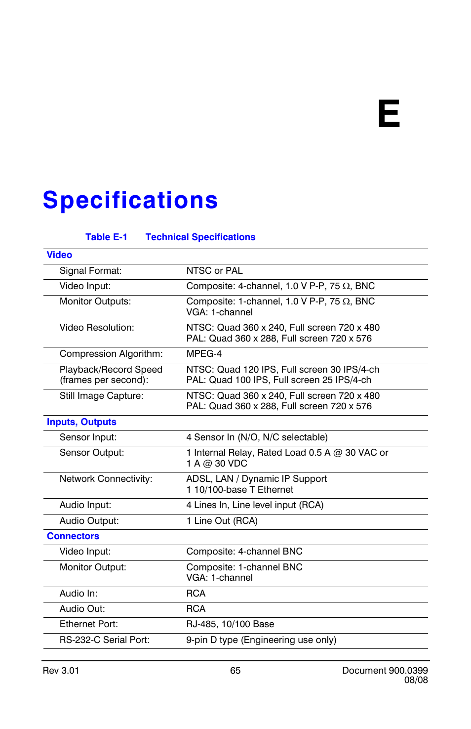 Specifications e, Appendix e, Specifications | Technical specifications | Honeywell HRDE4X4 User Manual | Page 75 / 80