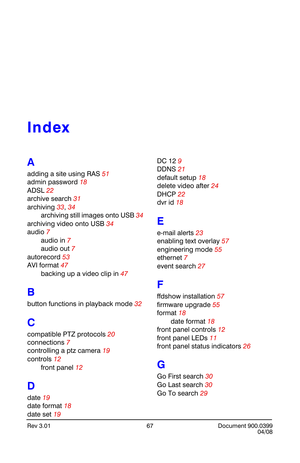 Index, Index 67 | Honeywell HRDE4X4 User Manual | Page 77 / 80