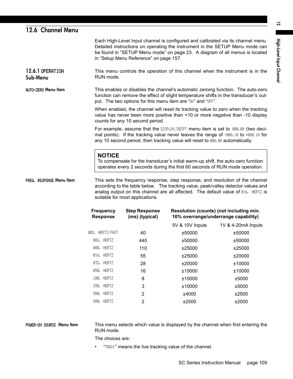 6 channel menu, 1 operation sub-menu, Auto-zero menu item | Freq. response menu item, Power-on source menu item, Sub-menu, Notice | Honeywell SC1000 User Manual | Page 109 / 174