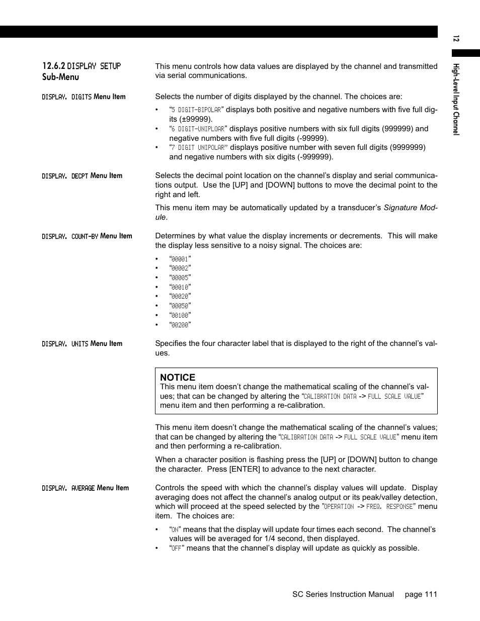 2 display setup sub-menu, Display. digits menu item, Display. decpt menu item | Display. count-by menu item, Display. units menu item, Display. average menu item, Sub-menu, Notice | Honeywell SC1000 User Manual | Page 111 / 174