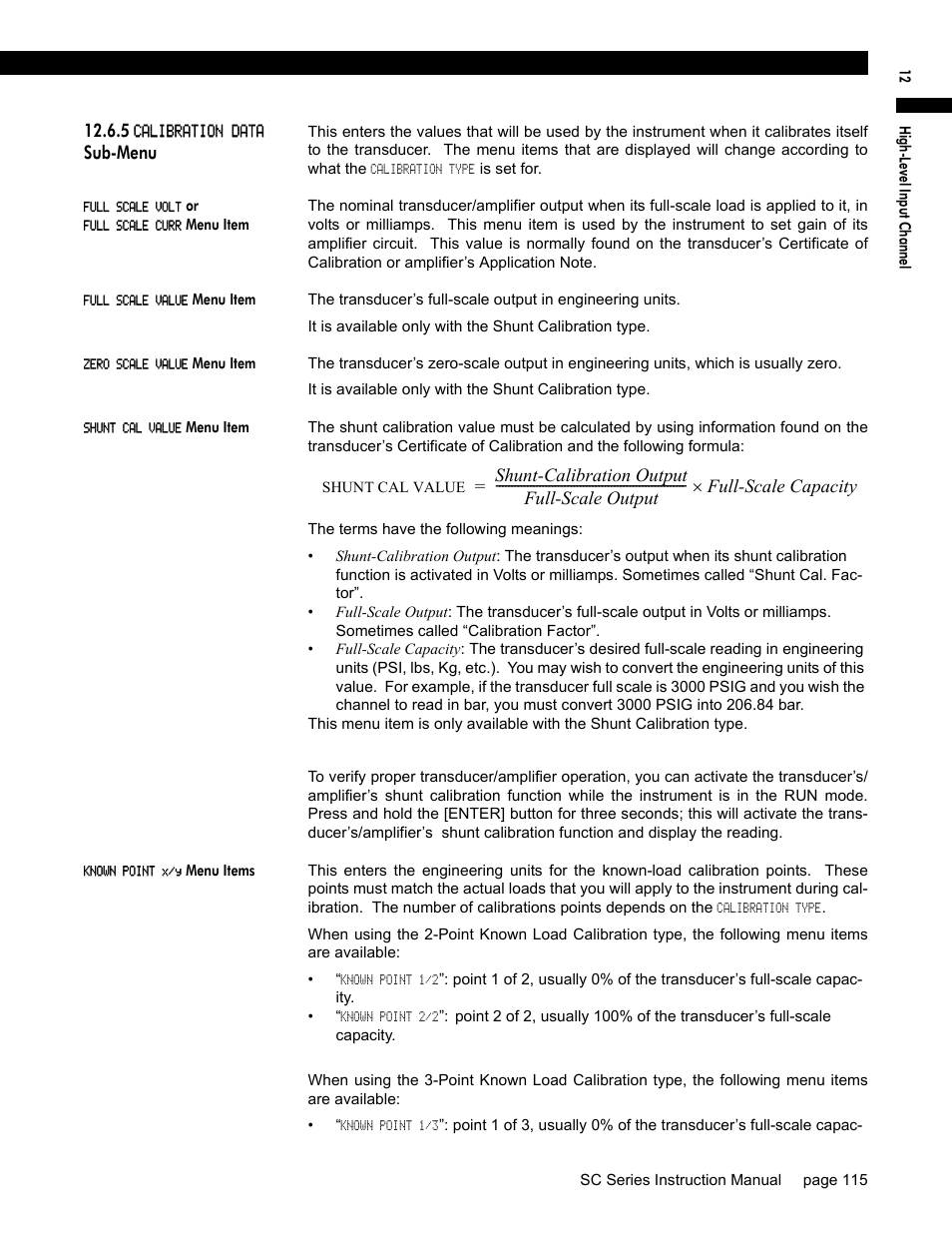 5 calibration data sub-menu, Full scale volt or full scale curr menu item, Full scale value menu item | Zero scale value menu item, Shunt cal value menu item, Known point x/y menu items | Honeywell SC1000 User Manual | Page 115 / 174