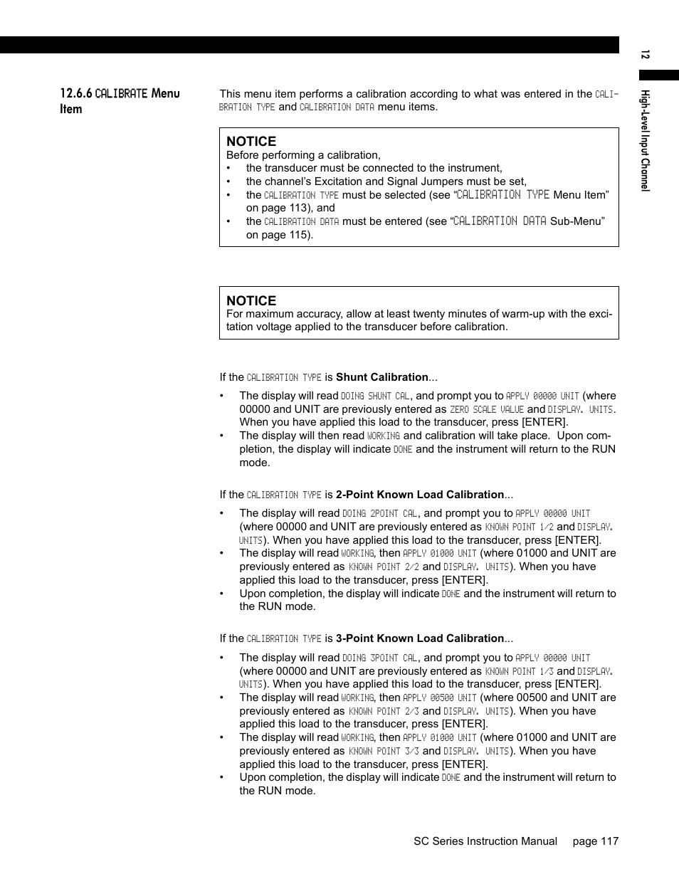 6 calibrate menu item, Menu item, Notice | Honeywell SC1000 User Manual | Page 117 / 174