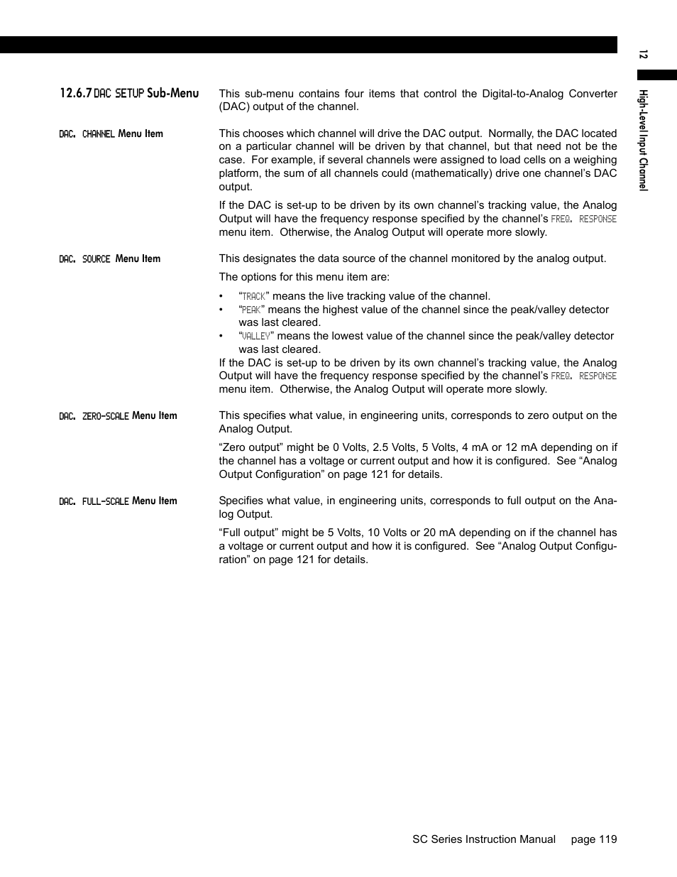 7 dac setup sub-menu, Dac. channel menu item, Dac. source menu item | Dac. zero-scale menu item, Dac. full-scale menu item | Honeywell SC1000 User Manual | Page 119 / 174