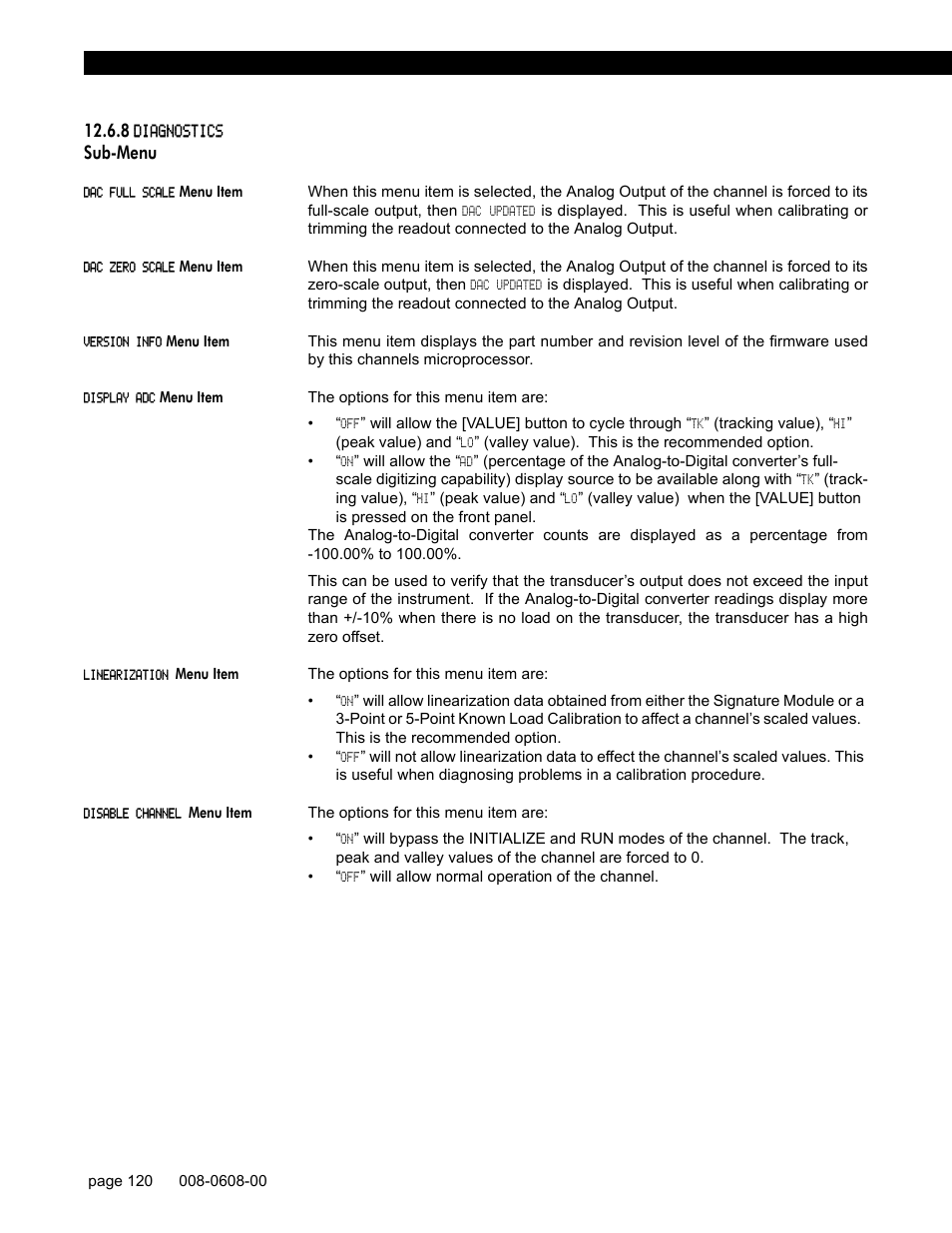 8 diagnostics sub-menu, Dac full scale menu item, Dac zero scale menu item | Version info menu item, Display adc menu item, Linearization menu item, Disable channel menu item, Sub-menu | Honeywell SC1000 User Manual | Page 120 / 174