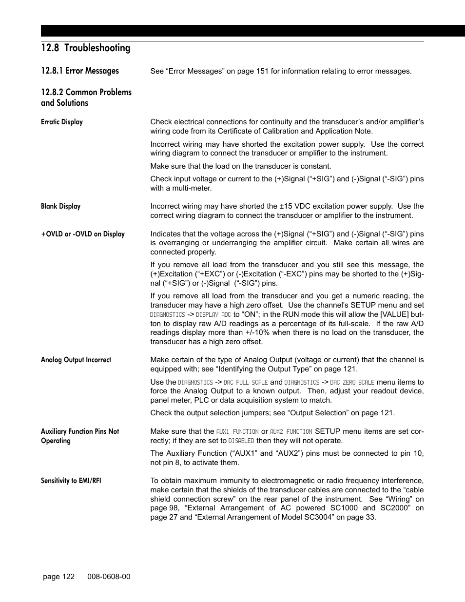 8 troubleshooting, 1 error messages, 2 common problems and solutions | Erratic display, Blank display, Ovld or -ovld on display, Analog output incorrect, Auxiliary function pins not operating, Sensitivity to emi/rfi | Honeywell SC1000 User Manual | Page 122 / 174