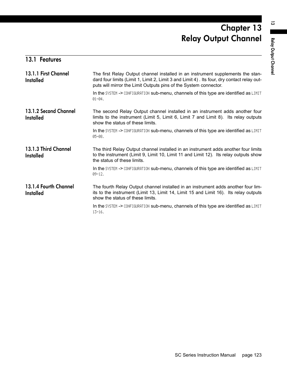 Chapter 13 relay output channel, 1 features, 1 first channel installed | 2 second channel installed, 3 third channel installed, 4 fourth channel installed, Chapter 13, “relay output channel”, de | Honeywell SC1000 User Manual | Page 123 / 174