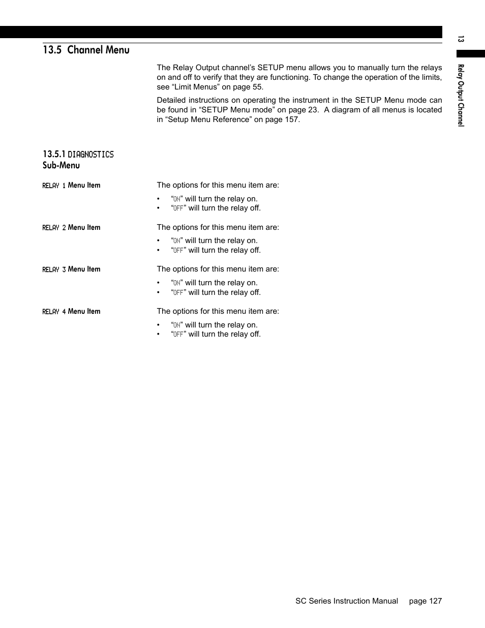 5 channel menu, 1 diagnostics sub-menu, Relay 1 menu item | Relay 2 menu item, Relay 3 menu item, Relay 4 menu item | Honeywell SC1000 User Manual | Page 127 / 174