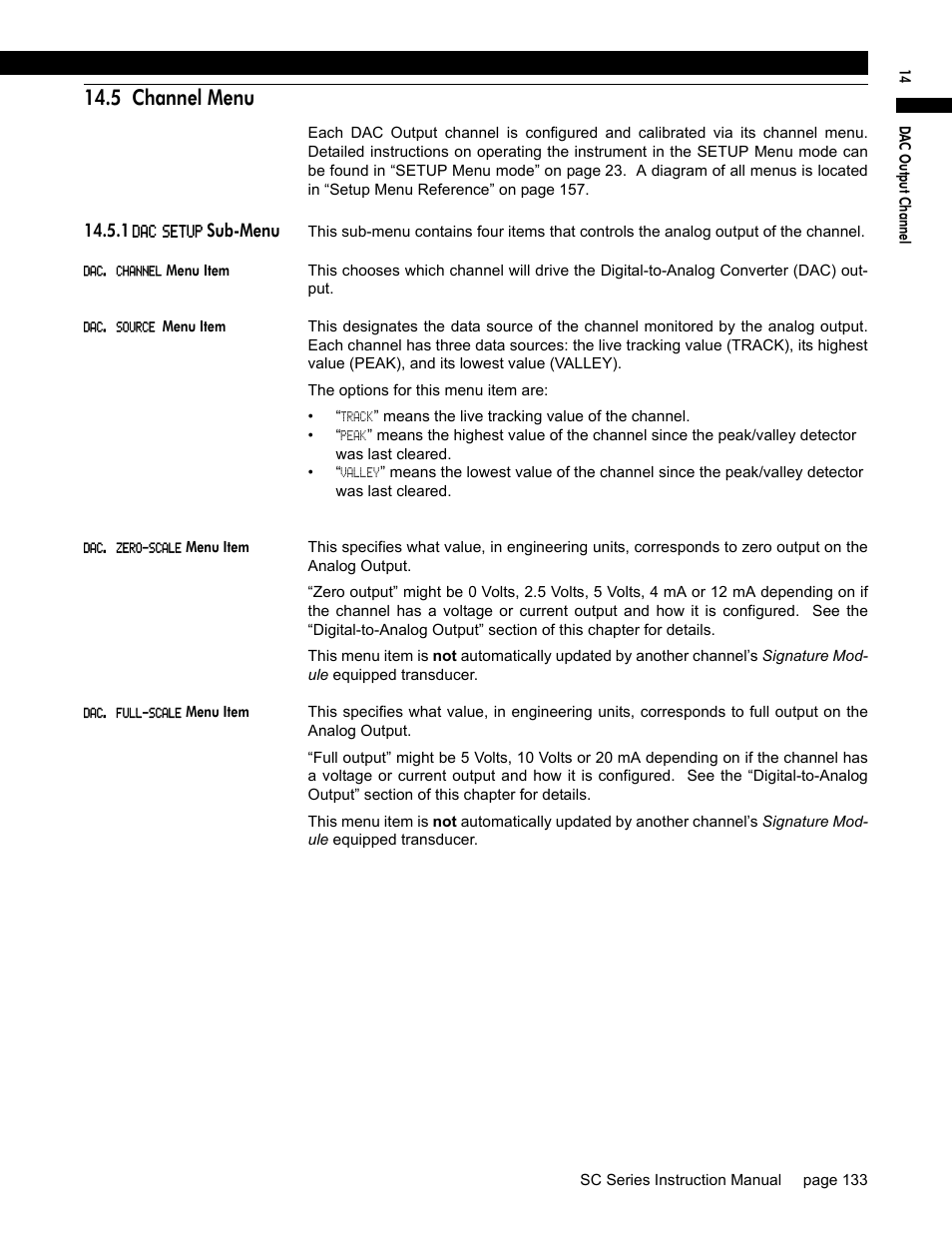 5 channel menu, 1 dac setup sub-menu, Dac. channel menu item | Dac. source menu item, Dac. zero-scale menu item, Dac. full-scale menu item | Honeywell SC1000 User Manual | Page 133 / 174