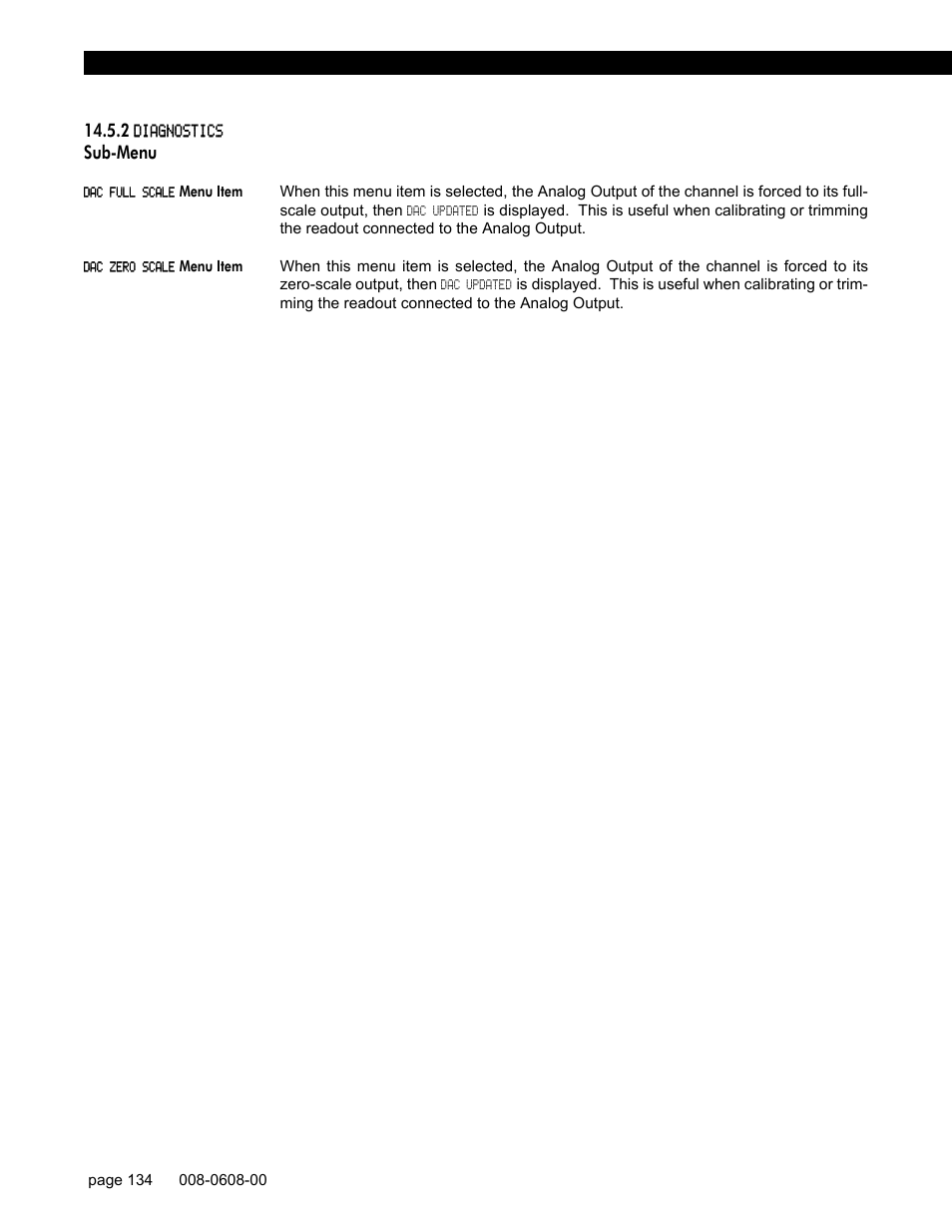 2 diagnostics sub-menu, Dac full scale menu item, Dac zero scale menu item | Honeywell SC1000 User Manual | Page 134 / 174