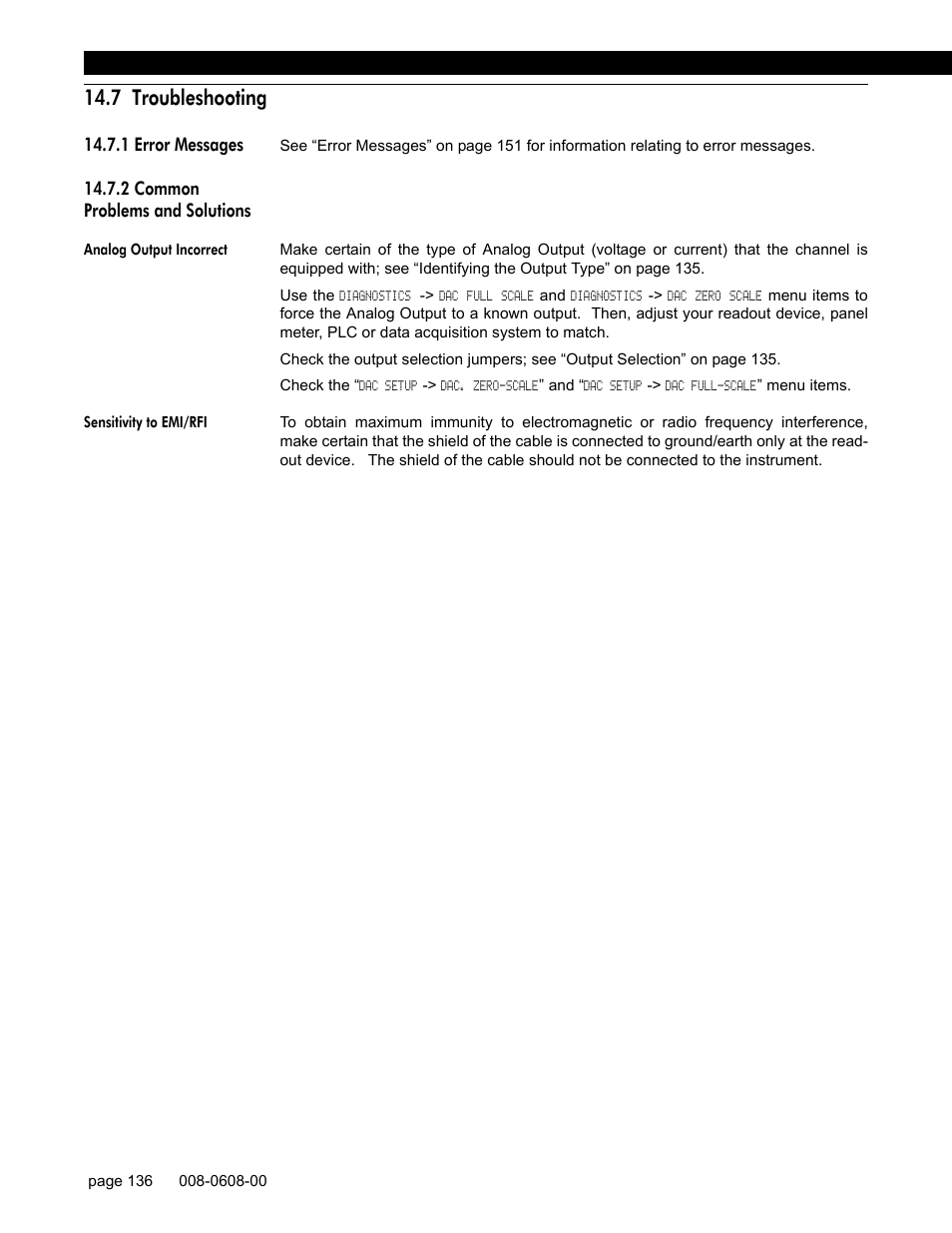 7 troubleshooting, 1 error messages, 2 common problems and solutions | Analog output incorrect, Sensitivity to emi/rfi | Honeywell SC1000 User Manual | Page 136 / 174