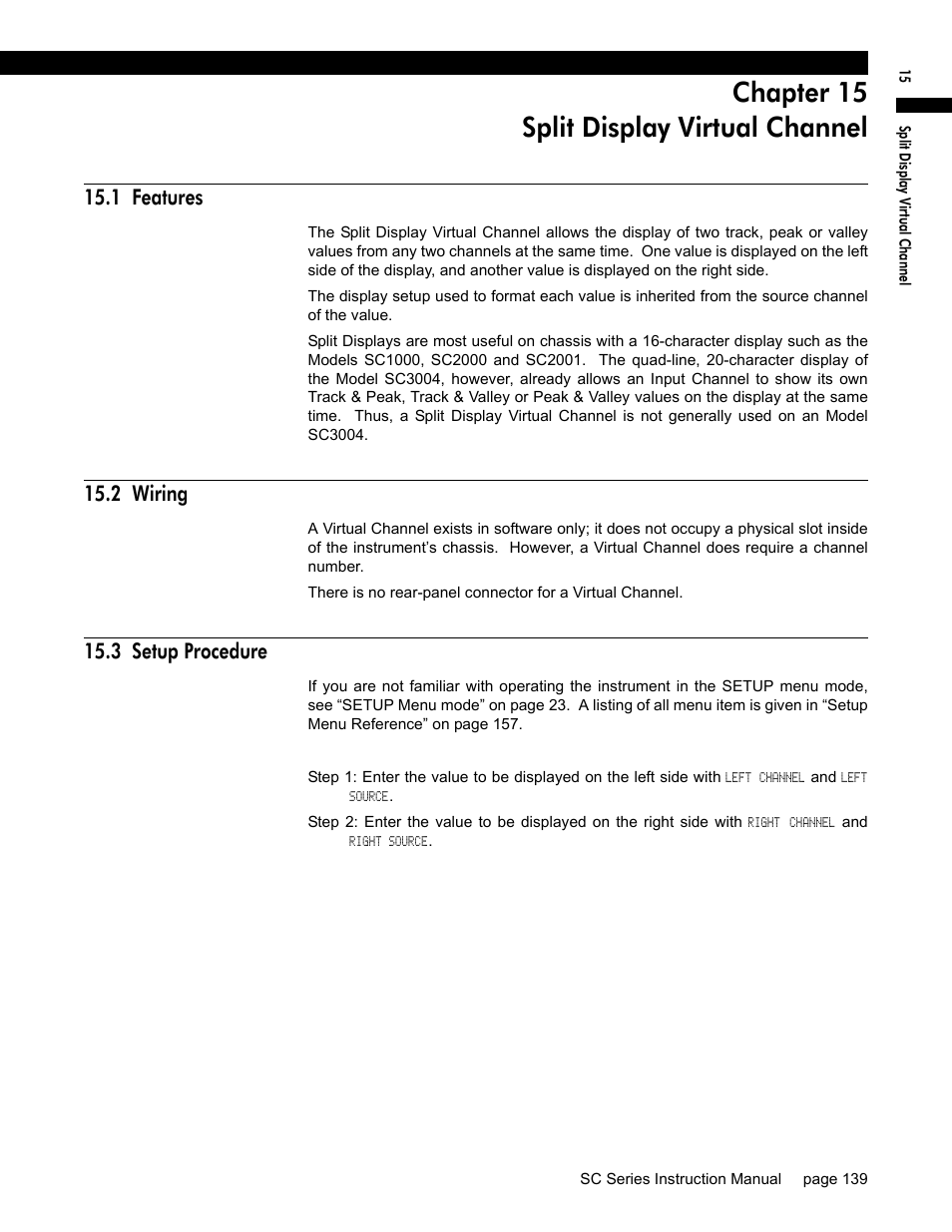 Chapter 15 split display virtual channel, 1 features, 2 wiring | 3 setup procedure, Chapter 15, “split display virtual channel | Honeywell SC1000 User Manual | Page 139 / 174