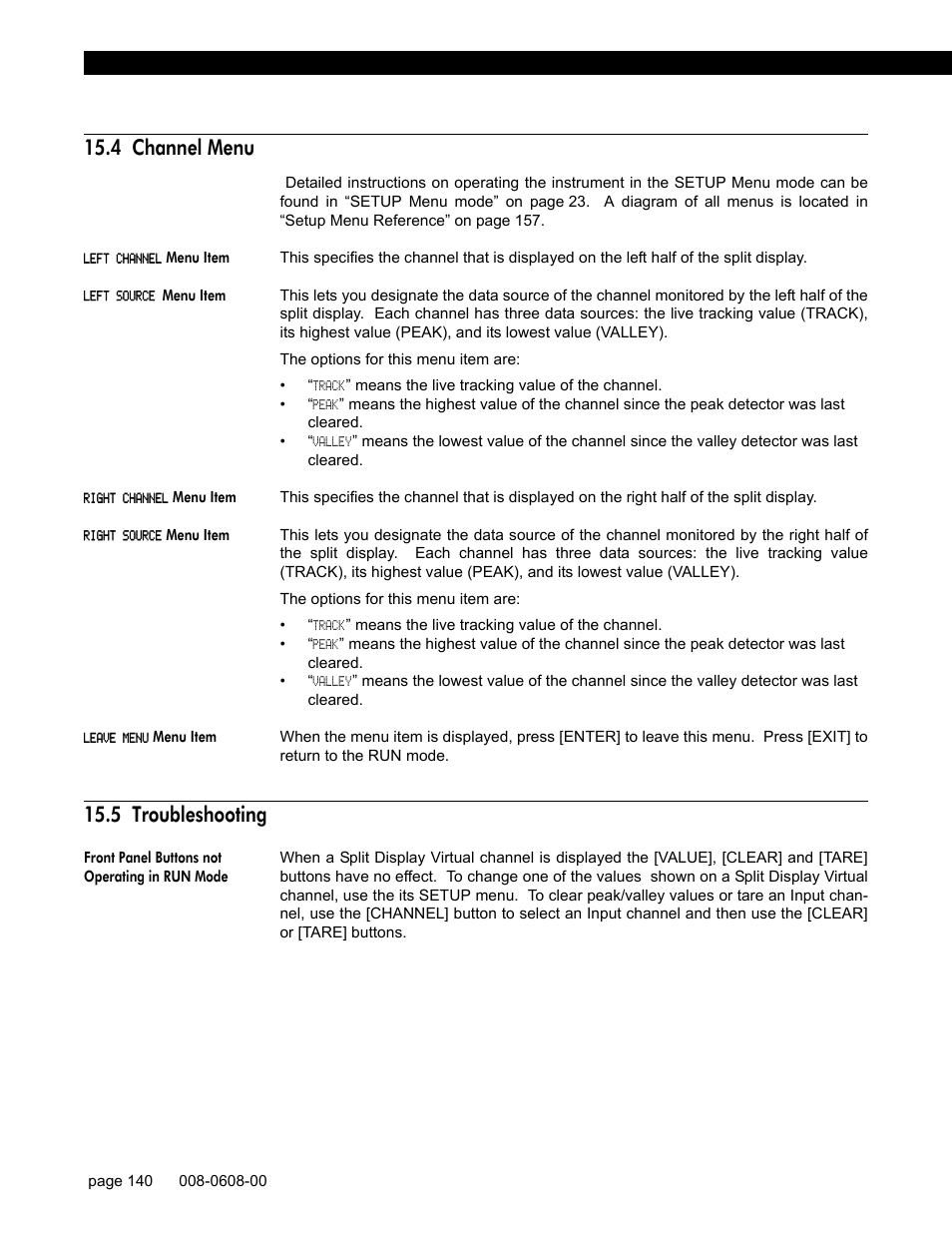 4 channel menu, Left channel menu item, Left source menu item | Right channel menu item, Right source menu item, Leave menu menu item, 5 troubleshooting, Front panel buttons not operating in run mode | Honeywell SC1000 User Manual | Page 140 / 174