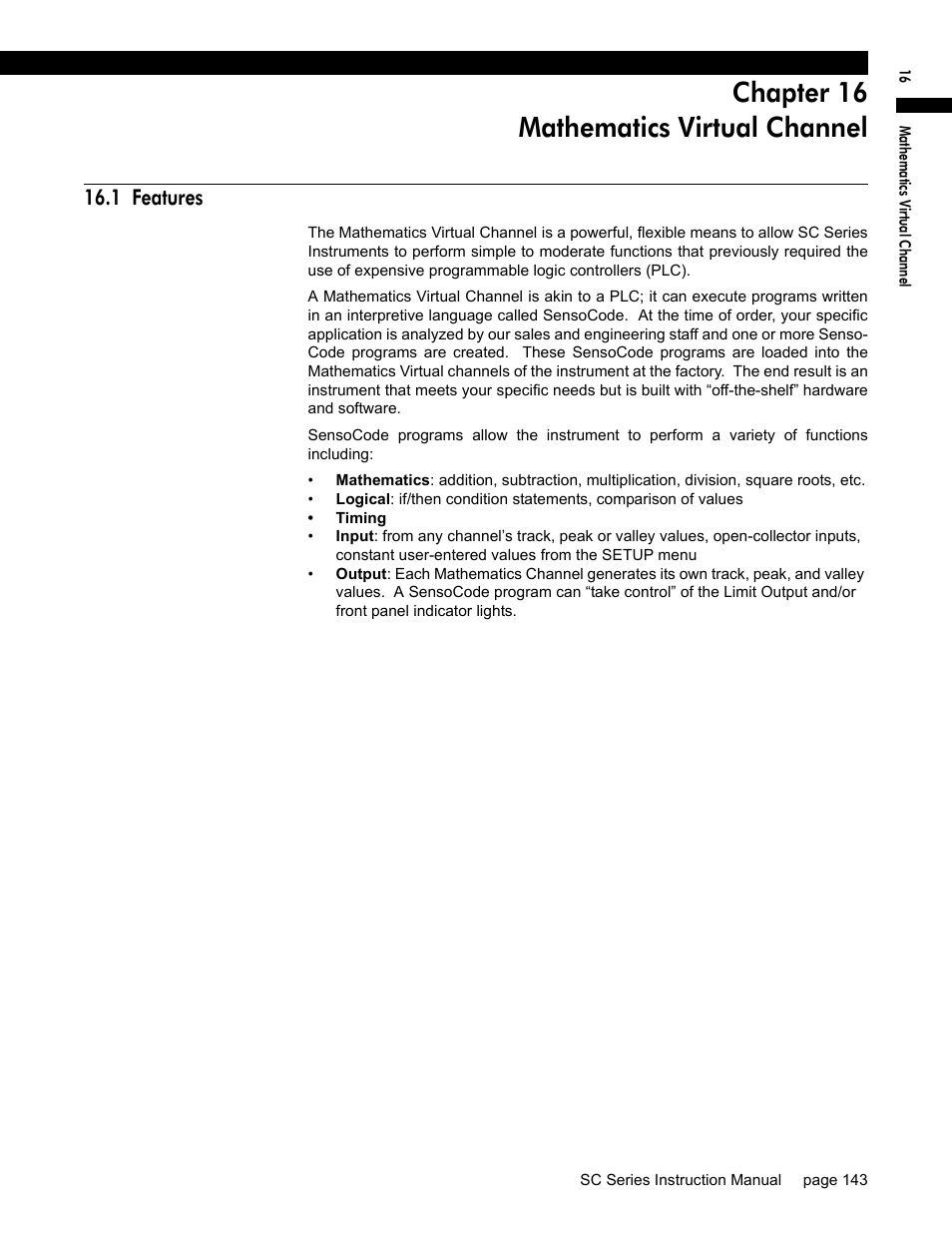 Chapter 16 mathematics virtual channel, 1 features, Chapter 16, “mathematics virtual channel”, des | Honeywell SC1000 User Manual | Page 143 / 174