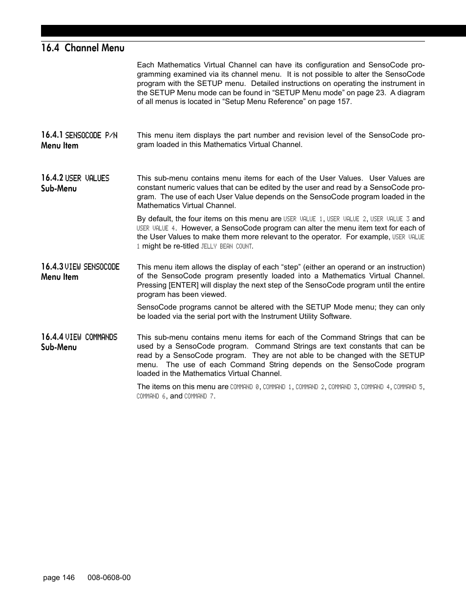 4 channel menu, 1 sensocode p/n menu item, 2 user values sub-menu | 3 view sensocode menu item, 4 view commands sub-menu | Honeywell SC1000 User Manual | Page 146 / 174