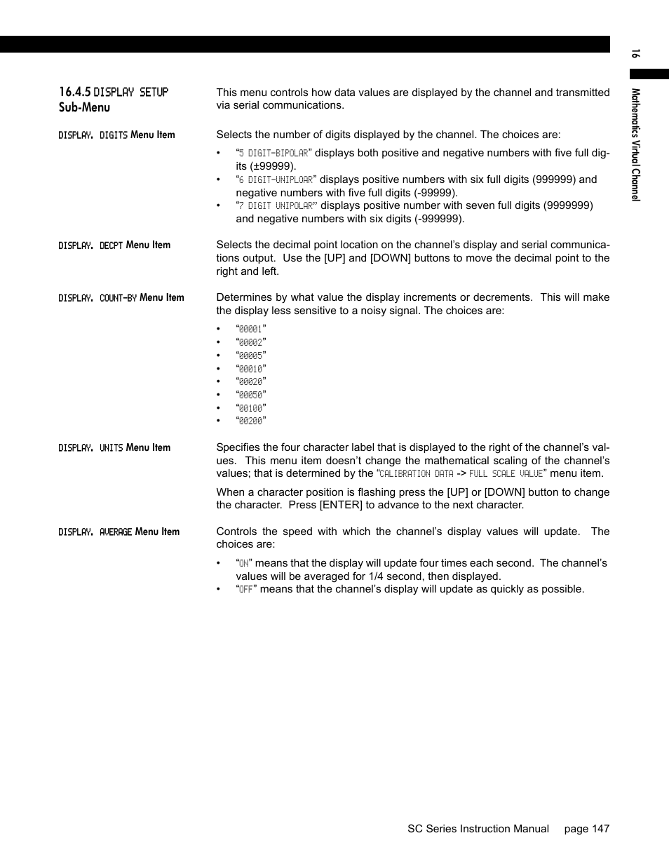 5 display setup sub-menu, Display. digits menu item, Display. decpt menu item | Display. count-by menu item, Display. units menu item, Display. average menu item, Sub-menu | Honeywell SC1000 User Manual | Page 147 / 174