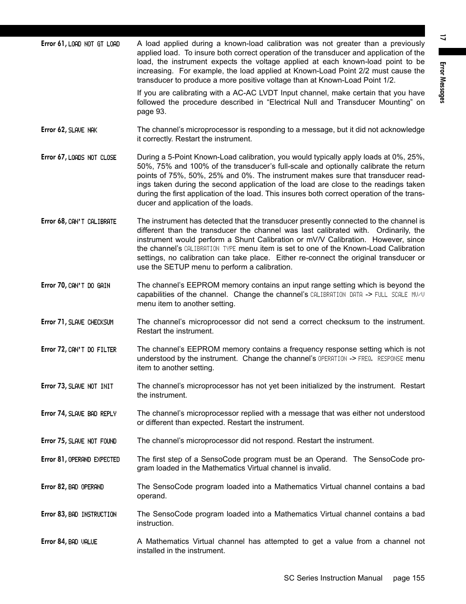 Error 61, load not gt load, Error 62, slave nak, Error 67, loads not close | Error 68, can't calibrate, Error 70, can't do gain, Error 71, slave checksum, Error 72, can't do filter, Error 73, slave not init, Error 74, slave bad reply, Error 75, slave not found | Honeywell SC1000 User Manual | Page 155 / 174