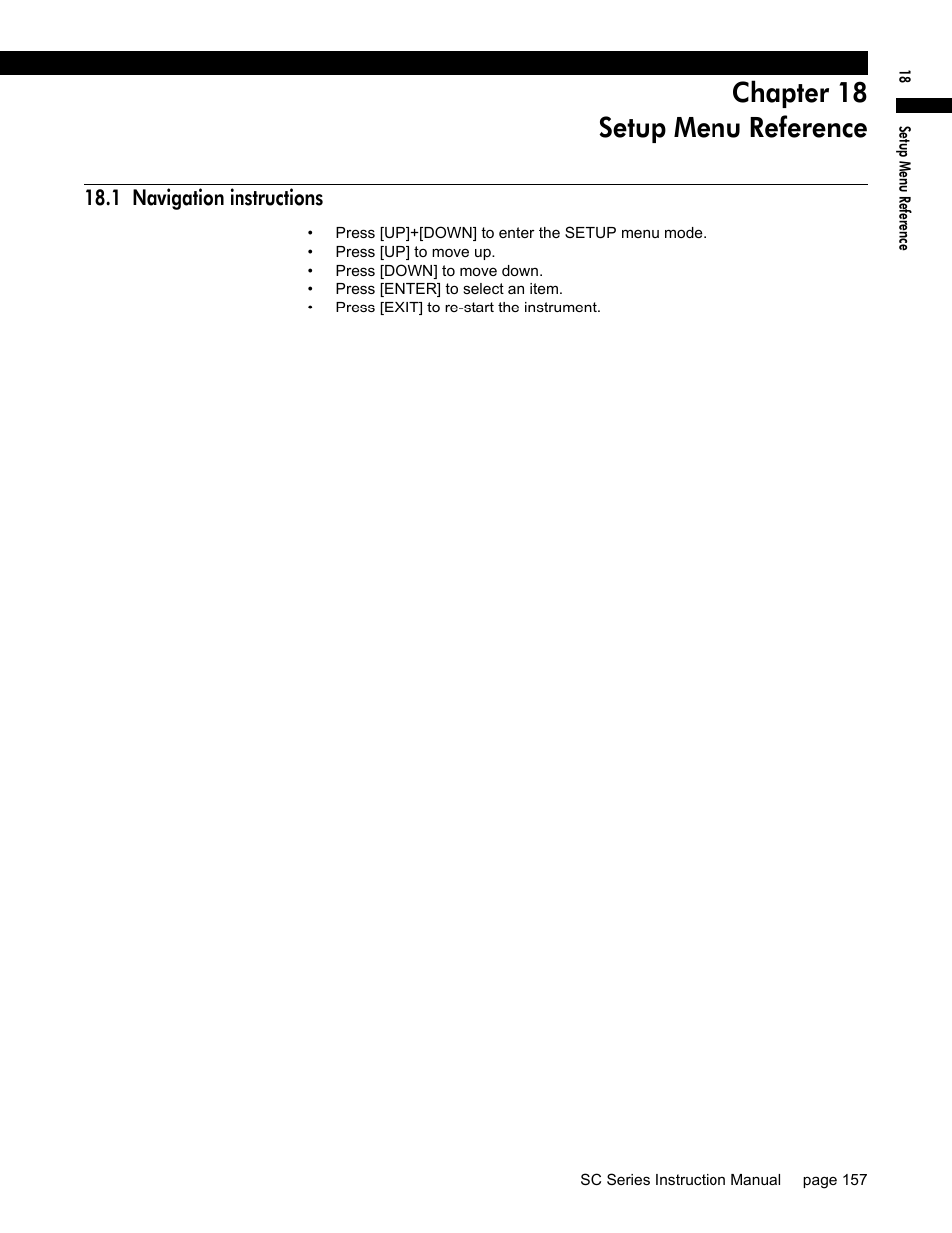 Chapter 18 setup menu reference, 1 navigation instructions, Chapter 18, “setup menu reference | Honeywell SC1000 User Manual | Page 157 / 174