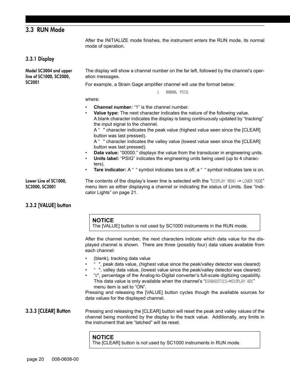 3 run mode, 1 display, Lower line of sc1000, sc2000, sc2001 | 2 [value] button, 3 [clear] button | Honeywell SC1000 User Manual | Page 20 / 174