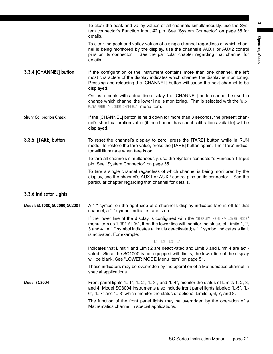 4 [channel] button, Shunt calibration check, 5 [tare] button | 6 indicator lights, Models sc1000, sc2000, sc2001, Model sc3004 | Honeywell SC1000 User Manual | Page 21 / 174