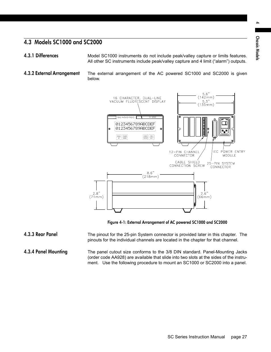 3 models sc1000 and sc2000, 1 differences, 2 external arrangement | 3 rear panel, 4 panel mounting | Honeywell SC1000 User Manual | Page 27 / 174