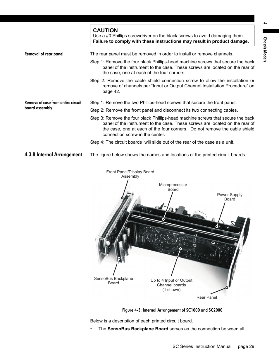 Removal of rear panel, Remove of case from entire circuit board assembly, 8 internal arrangement | Honeywell SC1000 User Manual | Page 29 / 174