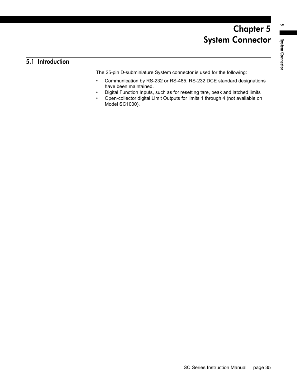 Chapter 5 system connector, 1 introduction, Chapter 5, “system connector”, cont | Honeywell SC1000 User Manual | Page 35 / 174