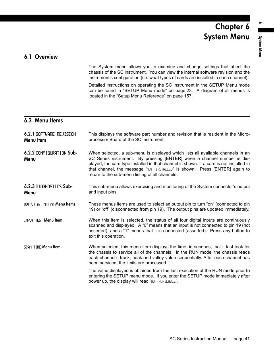 Chapter 6 system menu, 1 overview, 2 menu items | 1 software revision menu item, 2 configuration sub- menu, 3 diagnostics sub- menu, Output n, pin nn menu items, Input test menu item, Scan time menu item, 1 so | Honeywell SC1000 User Manual | Page 41 / 174