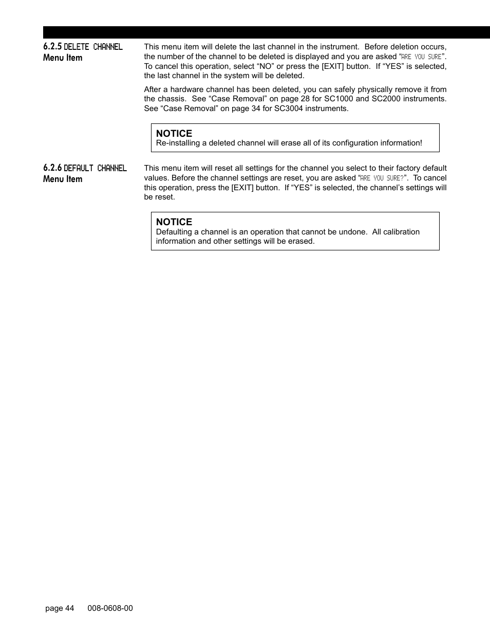 5 delete channel menu item, 6 default channel menu item, 5 de | Honeywell SC1000 User Manual | Page 44 / 174