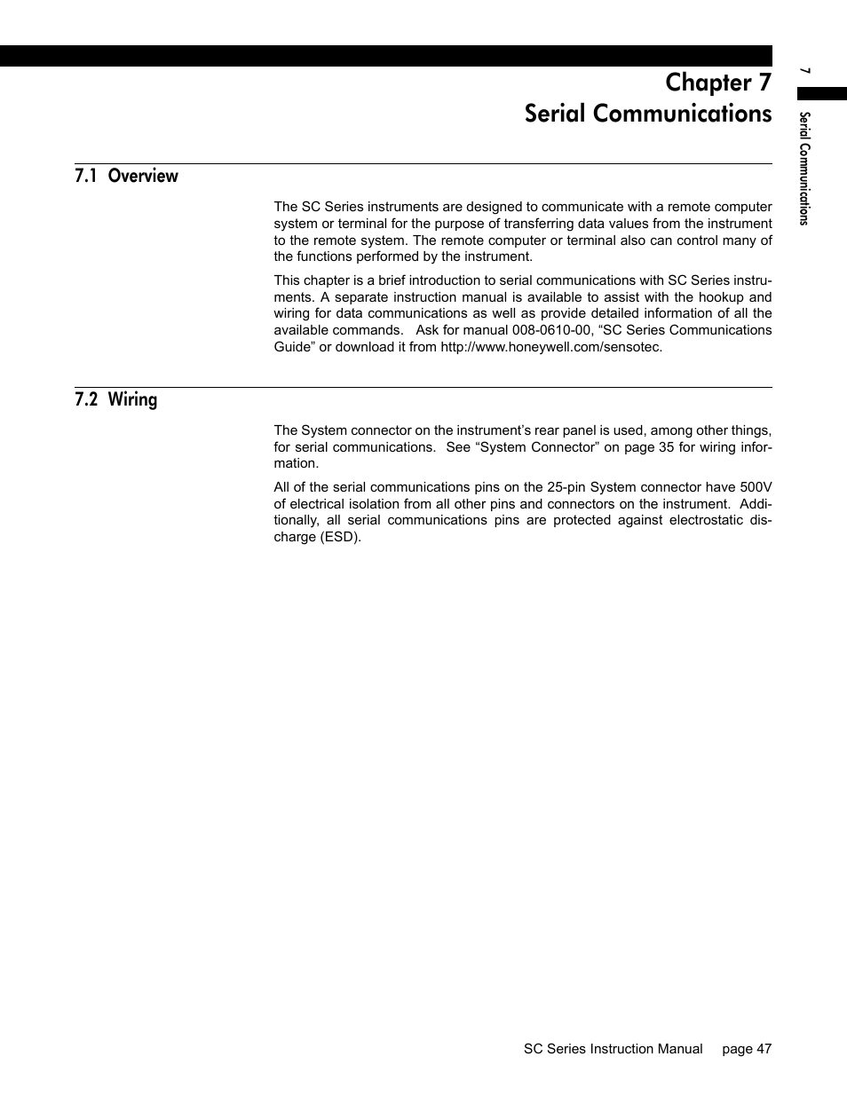 Chapter 7 serial communications, 1 overview, 2 wiring | Chapter 7, “serial communications | Honeywell SC1000 User Manual | Page 47 / 174