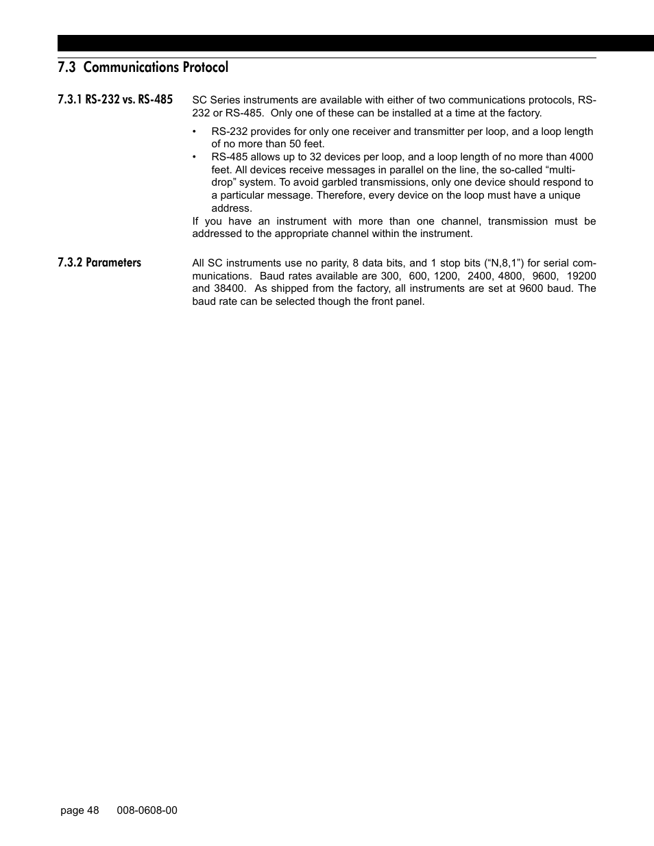 3 communications protocol, 1 rs-232 vs. rs-485, 2 parameters | Honeywell SC1000 User Manual | Page 48 / 174