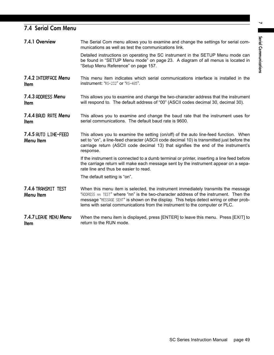 4 serial com menu, 1 overview, 2 interface menu item | 3 address menu item, 4 baud rate menu item, 5 auto line-feed menu item, 6 transmit test menu item, 7 leave menu menu item, 2 in, 3 ad | Honeywell SC1000 User Manual | Page 49 / 174