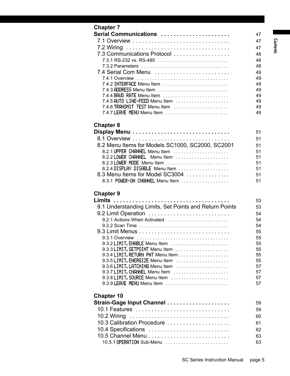 Chapter 7 serial communications 47, Chapter 8 display menu 51, Chapter 9 limits 53 | Chapter 10 strain-gage input channel 59 | Honeywell SC1000 User Manual | Page 5 / 174
