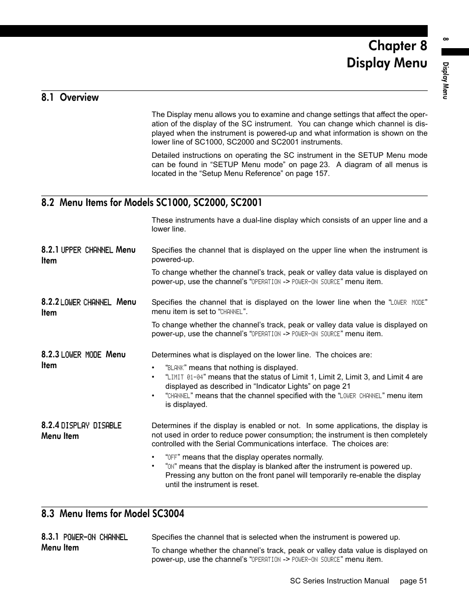 Chapter 8 display menu, 1 overview, 2 menu items for models sc1000, sc2000, sc2001 | 1 upper channel menu item, 2 lower channel menu item, 3 lower mode menu item, 4 display disable menu item, 3 menu items for model sc3004, 1 power-on channel menu item, 1 up | Honeywell SC1000 User Manual | Page 51 / 174