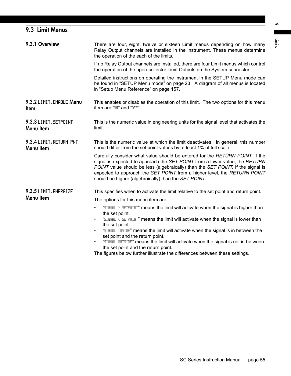 3 limit menus, 1 overview, 2 limit.enable menu item | 3 limit.setpoint menu item, 4 limit.return pnt menu item, 5 limit.energize menu item, 2 li, 3 li, 4 li, 5 li | Honeywell SC1000 User Manual | Page 55 / 174