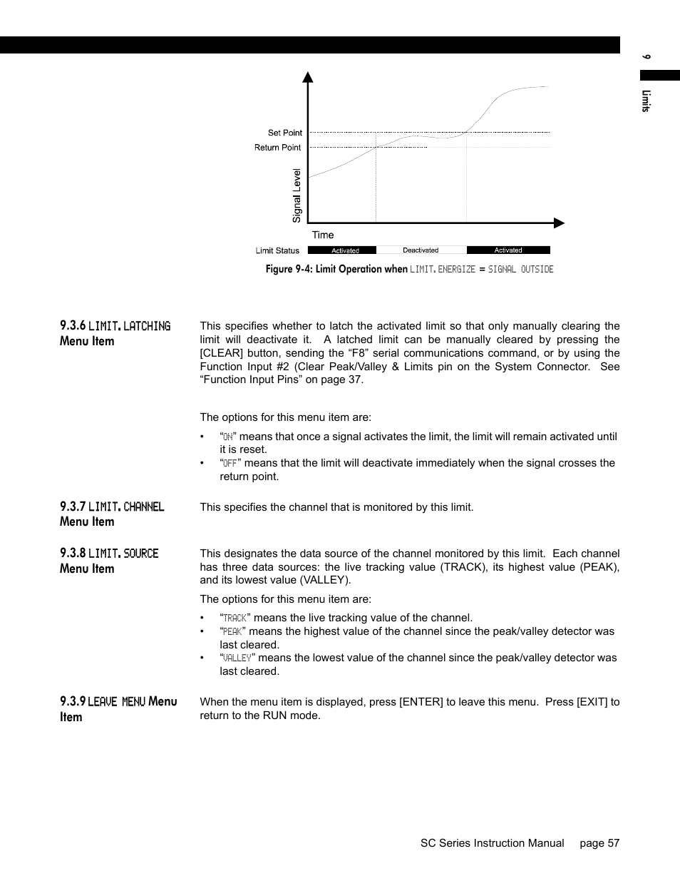 6 limit.latching menu item, 7 limit.channel menu item, 8 limit.source menu item | 9 leave menu menu item, 6 li, 7 li, 8 li, 9 le | Honeywell SC1000 User Manual | Page 57 / 174