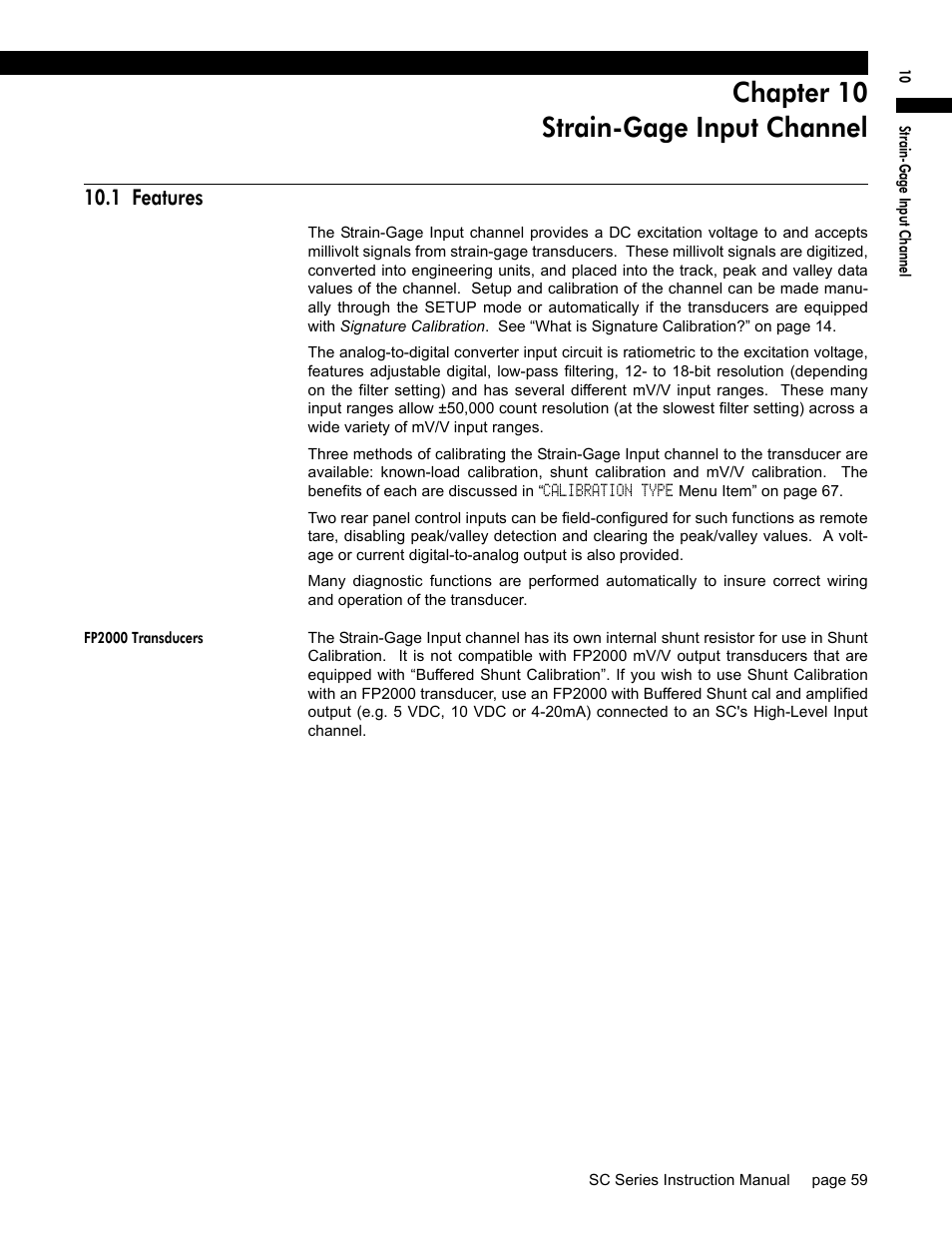 Chapter 10 strain-gage input channel, 1 features, Fp2000 transducers | Honeywell SC1000 User Manual | Page 59 / 174