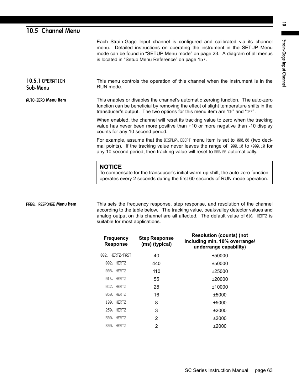 5 channel menu, 1 operation sub-menu, Auto-zero menu item | Freq. response menu item, Sub-menu, Notice | Honeywell SC1000 User Manual | Page 63 / 174