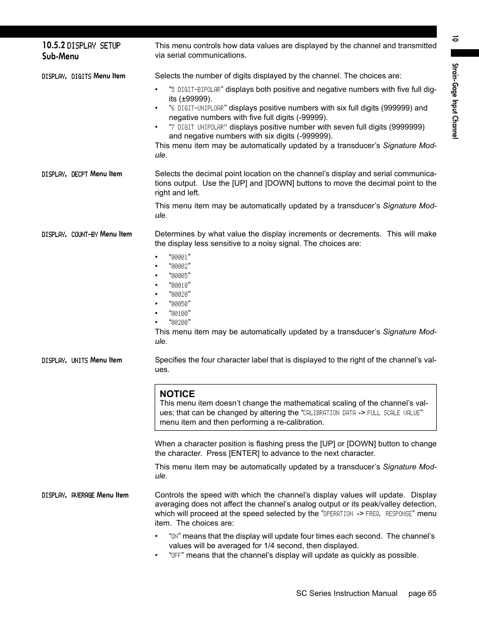 2 display setup sub-menu, Display. digits menu item, Display. decpt menu item | Display. count-by menu item, Display. units menu item, Display. average menu item, Sub-menu, Notice | Honeywell SC1000 User Manual | Page 65 / 174