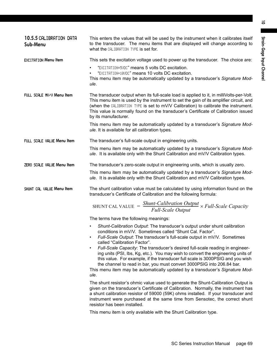 5 calibration data sub-menu, Excitation menu item, Full scale mv/v menu item | Full scale value menu item, Zero scale value menu item, Shunt cal value menu item | Honeywell SC1000 User Manual | Page 69 / 174